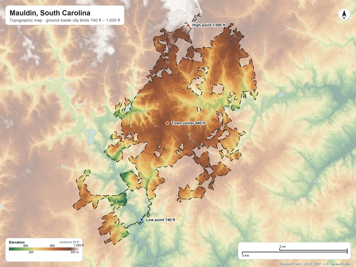 Topographic elevation map of Mauldin, South Carolina, shaded from 740 ft on the south side to 1,000 ft on the north side