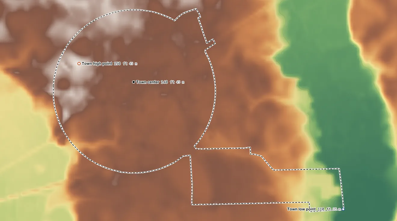 Topographic elevation map of Mayesville, South Carolina, shaded from 110 ft on the southeast side to 150 ft on the west side