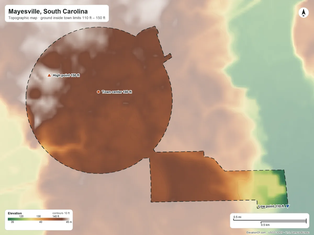 Topographic elevation map of Mayesville, South Carolina, shaded from 110 ft on the southeast side to 150 ft on the west side