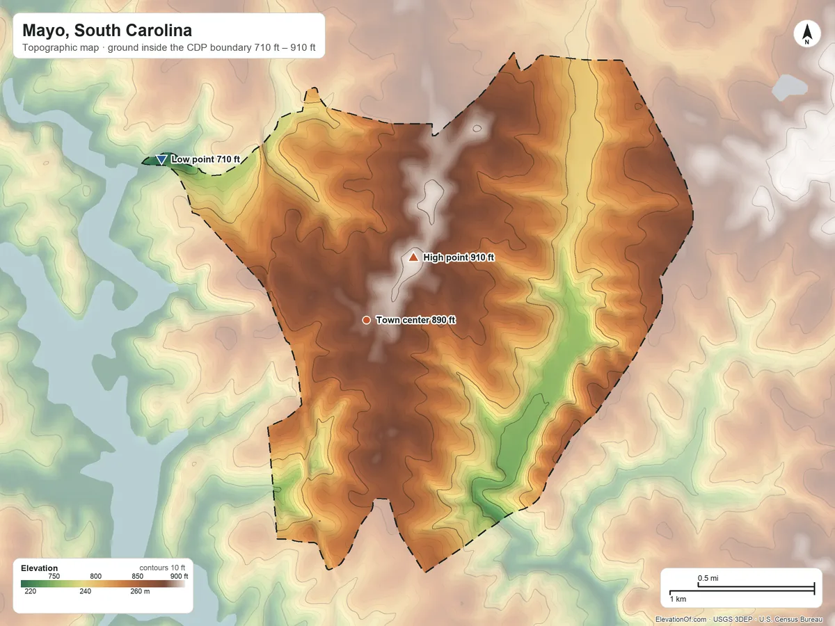 Topographic elevation map of Mayo, South Carolina, shaded from 710 ft on the northwest side to 910 ft on the northeast side