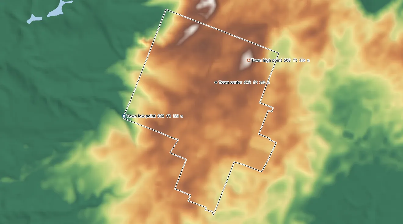 Topographic elevation map of McBee, South Carolina, shaded from 400 ft on the west side to 500 ft on the northeast side