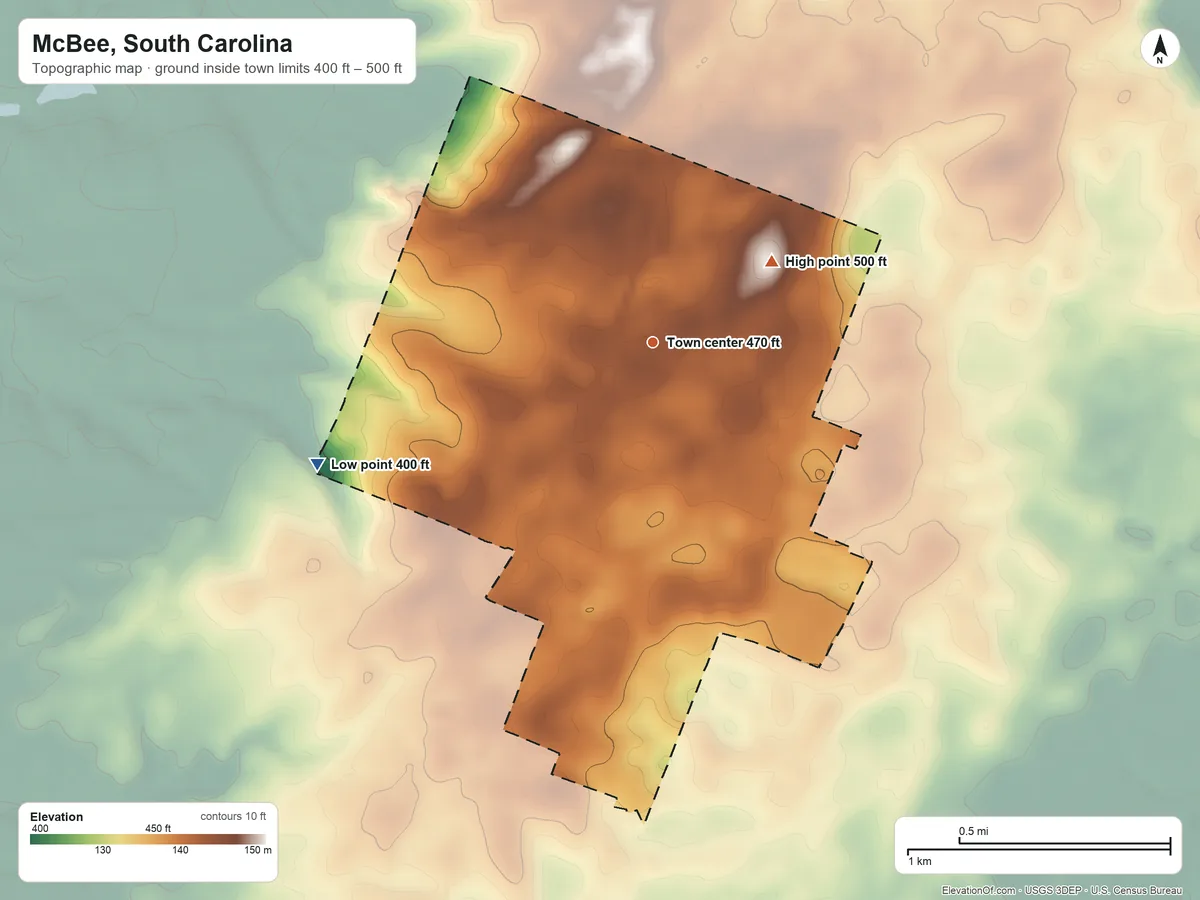 Topographic elevation map of McBee, South Carolina, shaded from 400 ft on the west side to 500 ft on the northeast side