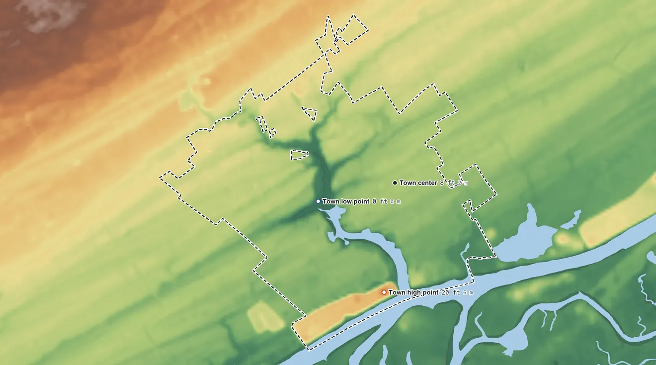 Topographic elevation map of McClellanville, South Carolina, shaded from 0 ft on the west side to 20 ft on the south side