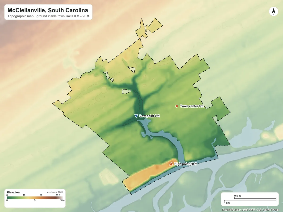 Topographic elevation map of McClellanville, South Carolina, shaded from 0 ft on the west side to 20 ft on the south side