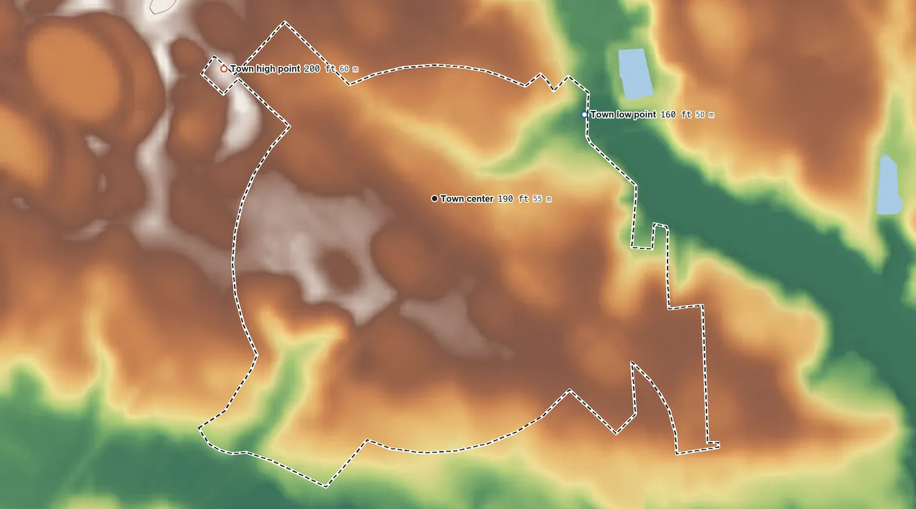 Topographic elevation map of McColl, South Carolina, shaded from 160 ft on the northeast side to 200 ft on the northwest side