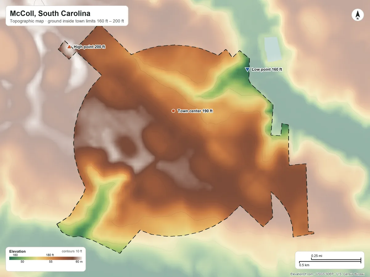 Topographic elevation map of McColl, South Carolina, shaded from 160 ft on the northeast side to 200 ft on the northwest side