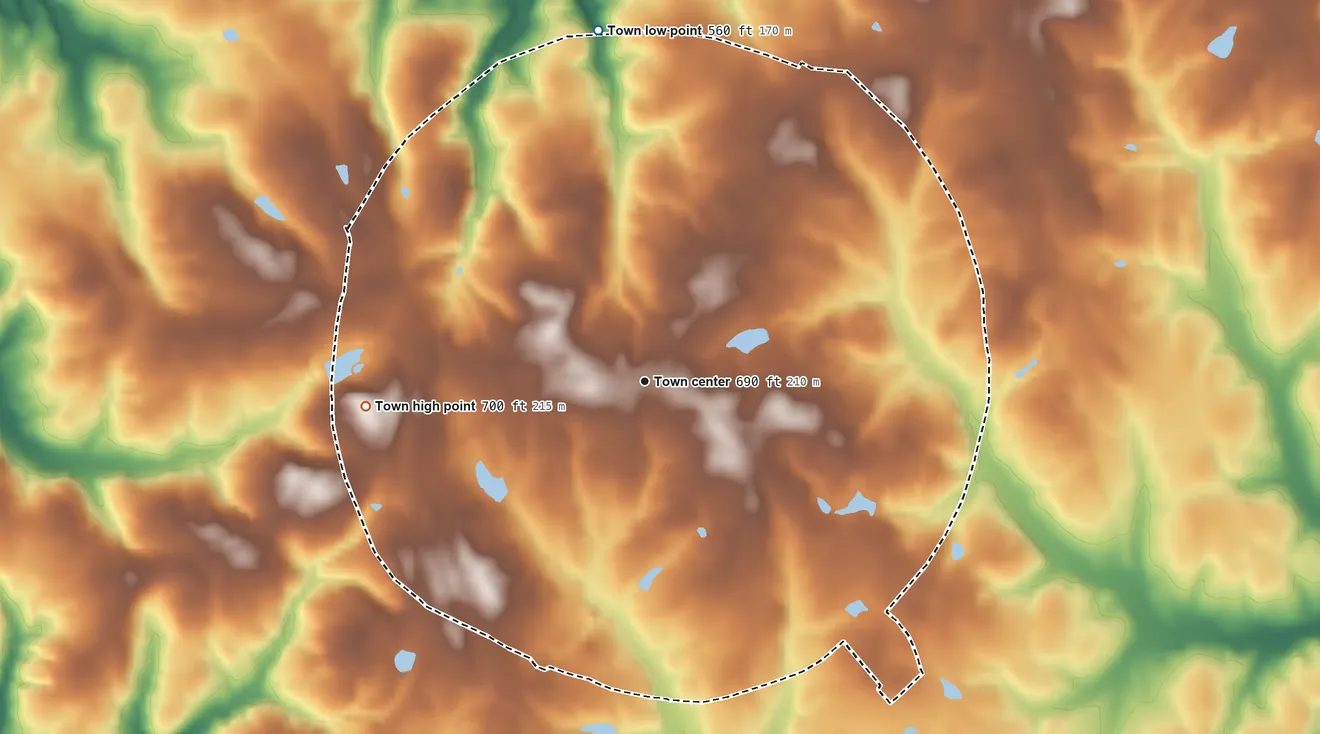 Topographic elevation map of McConnells, South Carolina, shaded from 560 ft on the north side to 700 ft on the west side