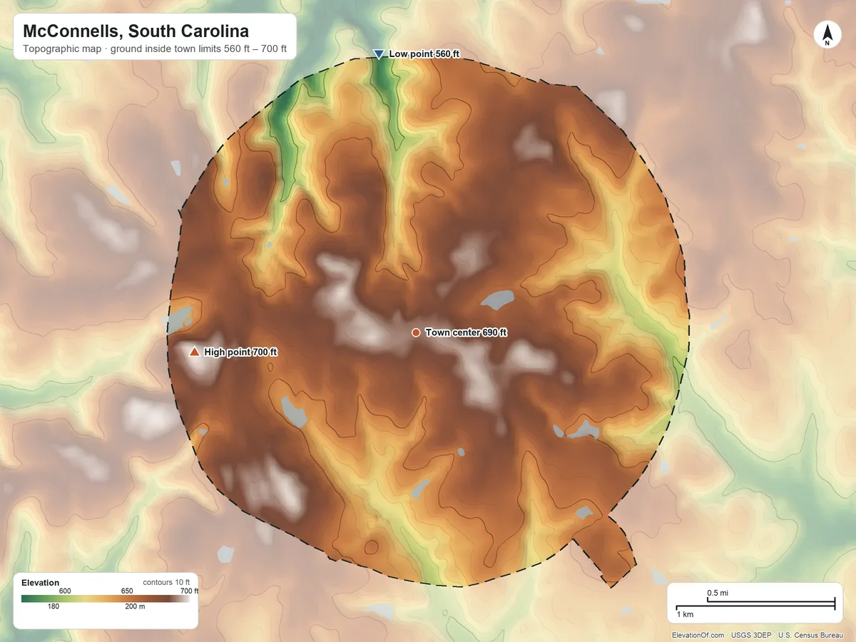 Topographic elevation map of McConnells, South Carolina, shaded from 560 ft on the north side to 700 ft on the west side