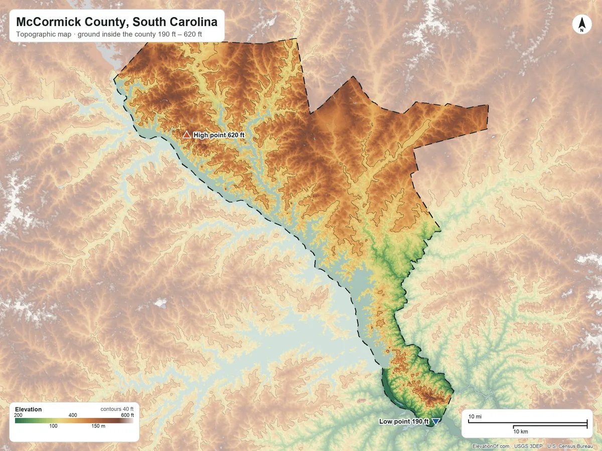 Topographic elevation map of McCormick County, South Carolina, shaded from 190 ft on the southeast side to 620 ft on the northwest side