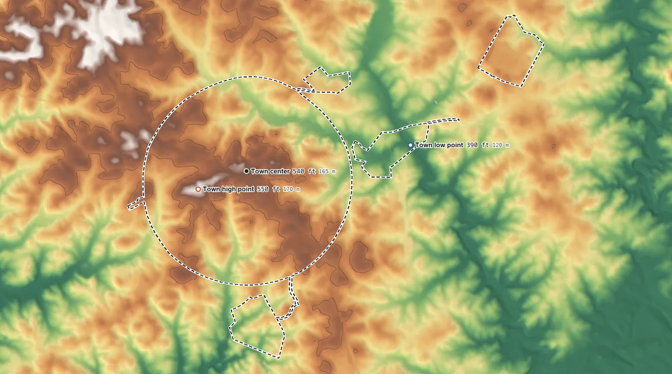 Topographic elevation map of McCormick, South Carolina, shaded from 390 ft on the east side to 550 ft near the middle