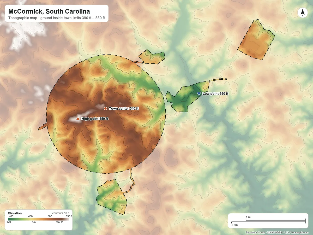 Topographic elevation map of McCormick, South Carolina, shaded from 390 ft on the east side to 550 ft near the middle