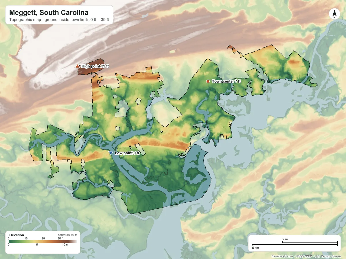 Topographic elevation map of Meggett, South Carolina, shaded from 0 ft on the southwest side to 39 ft on the west side