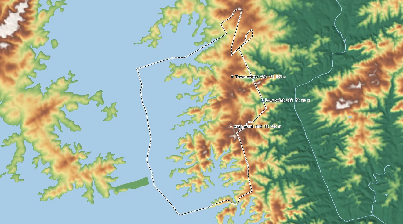 Topographic elevation map of Modoc, South Carolina, shaded from 310 ft on the southeast side to 440 ft on the south side