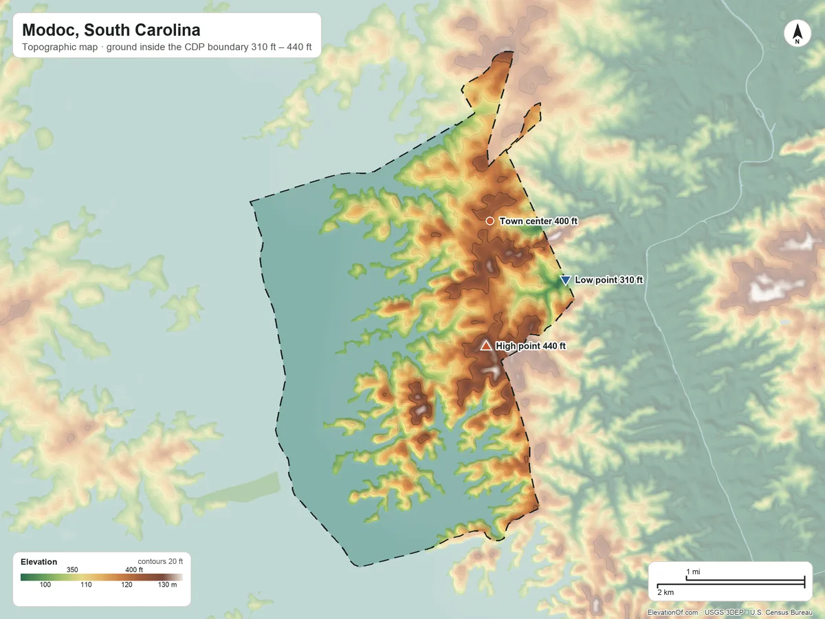 Topographic elevation map of Modoc, South Carolina, shaded from 310 ft on the southeast side to 440 ft on the south side