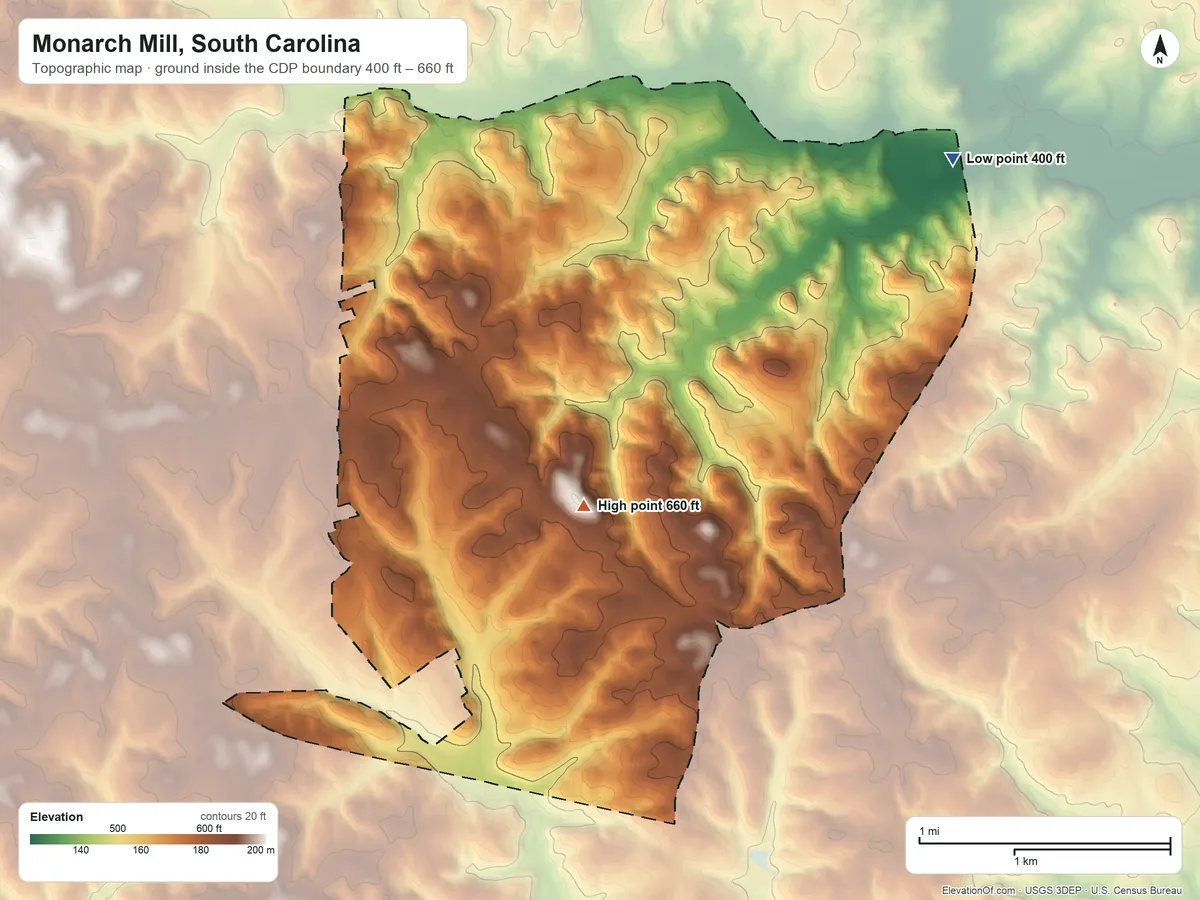 Topographic elevation map of Monarch Mill, South Carolina, shaded from 400 ft on the northeast side to 660 ft on the south side