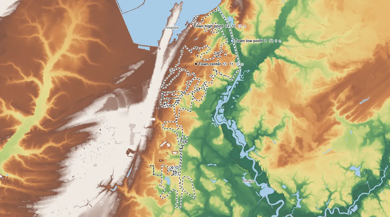 Topographic elevation map of Moncks Corner, South Carolina, shaded from 1 ft on the northeast side to 84 ft on the north side