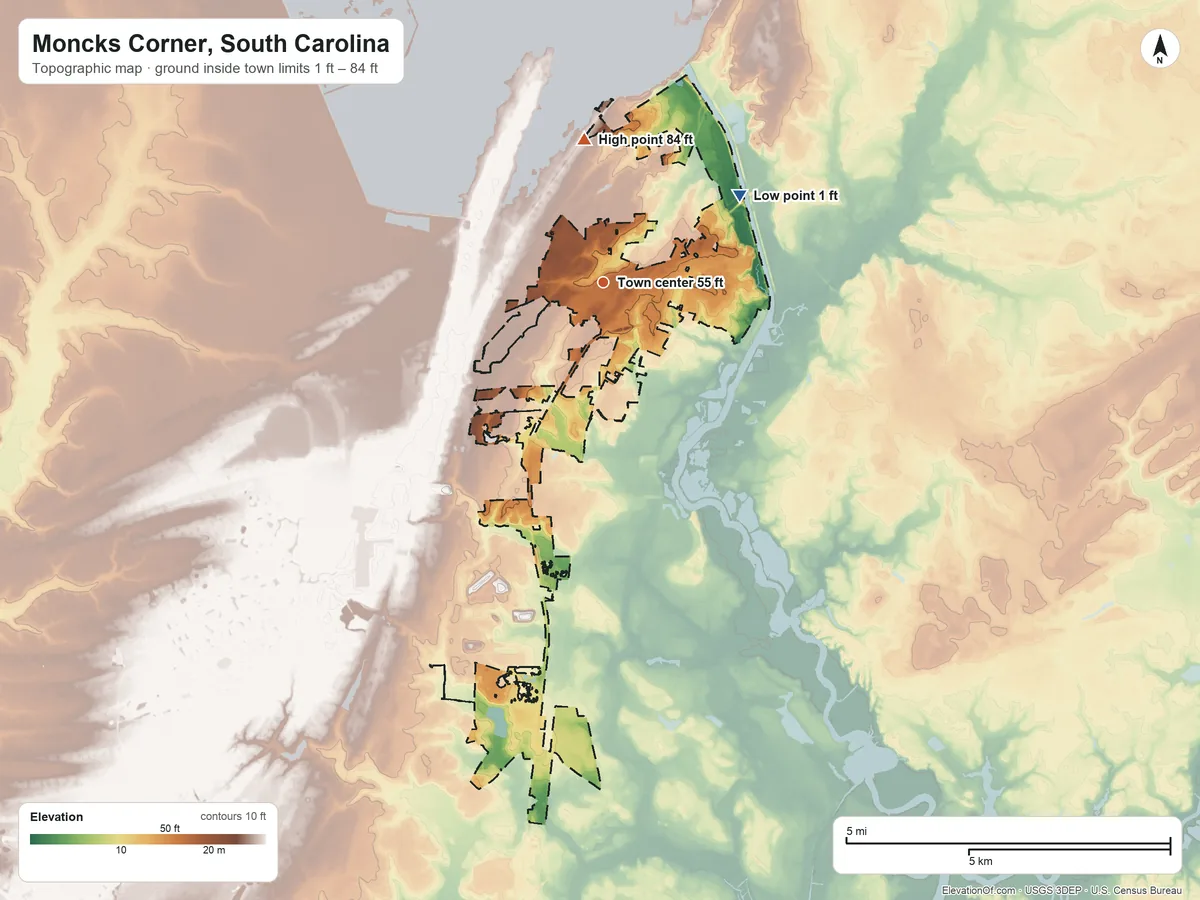 Topographic elevation map of Moncks Corner, South Carolina, shaded from 1 ft on the northeast side to 84 ft on the north side