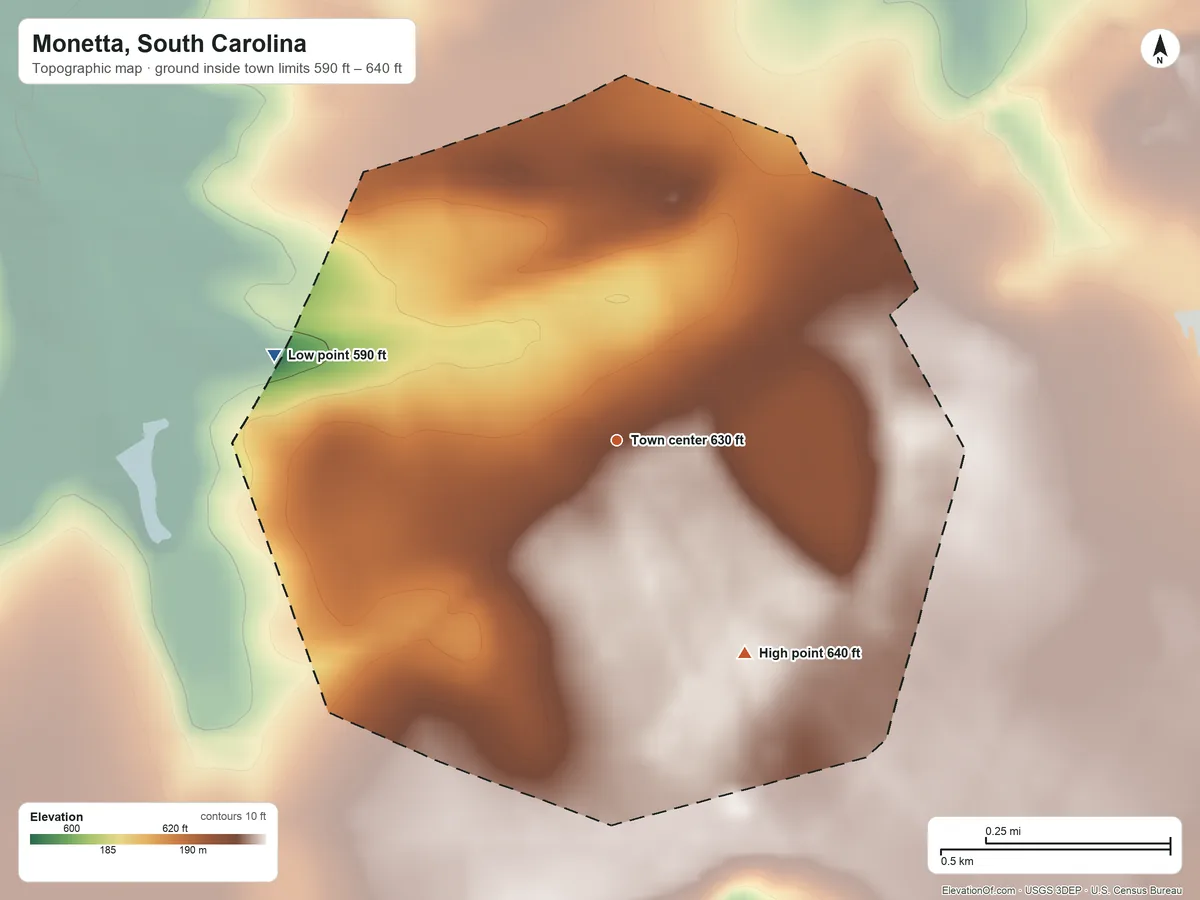 Topographic elevation map of Monetta, South Carolina, shaded from 590 ft on the west side to 640 ft on the southeast side