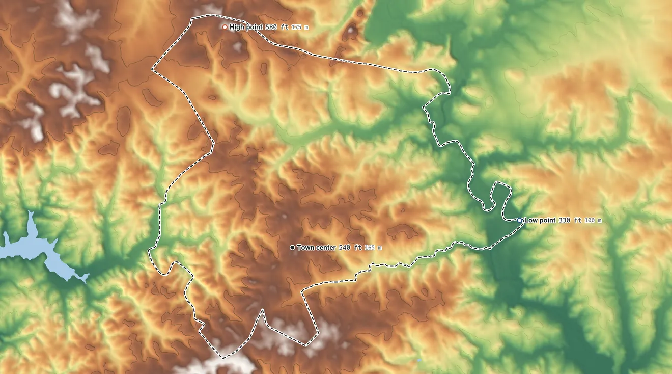 Topographic elevation map of Mount Carmel, South Carolina, shaded from 330 ft on the east side to 580 ft on the north side