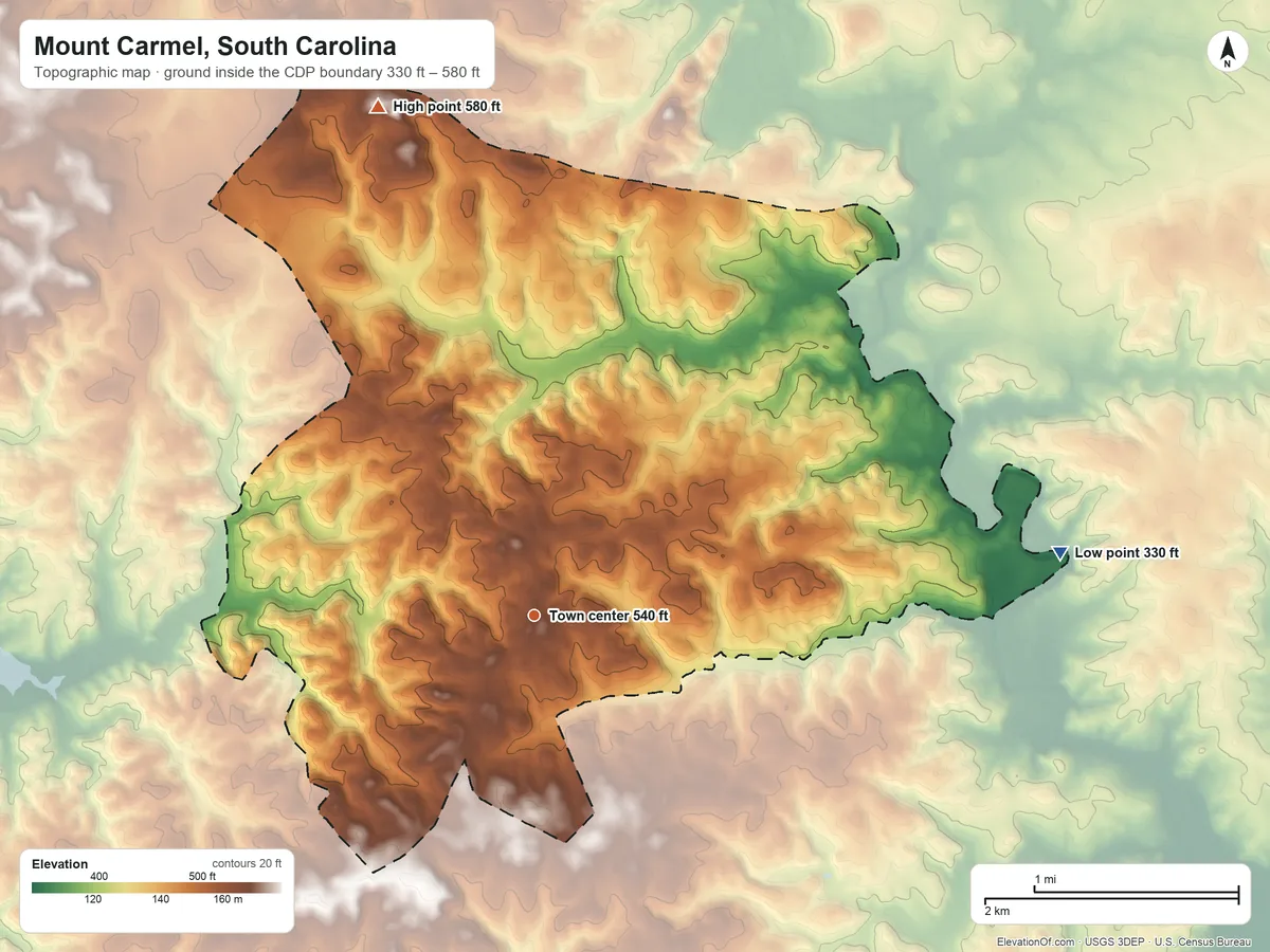 Topographic elevation map of Mount Carmel, South Carolina, shaded from 330 ft on the east side to 580 ft on the north side