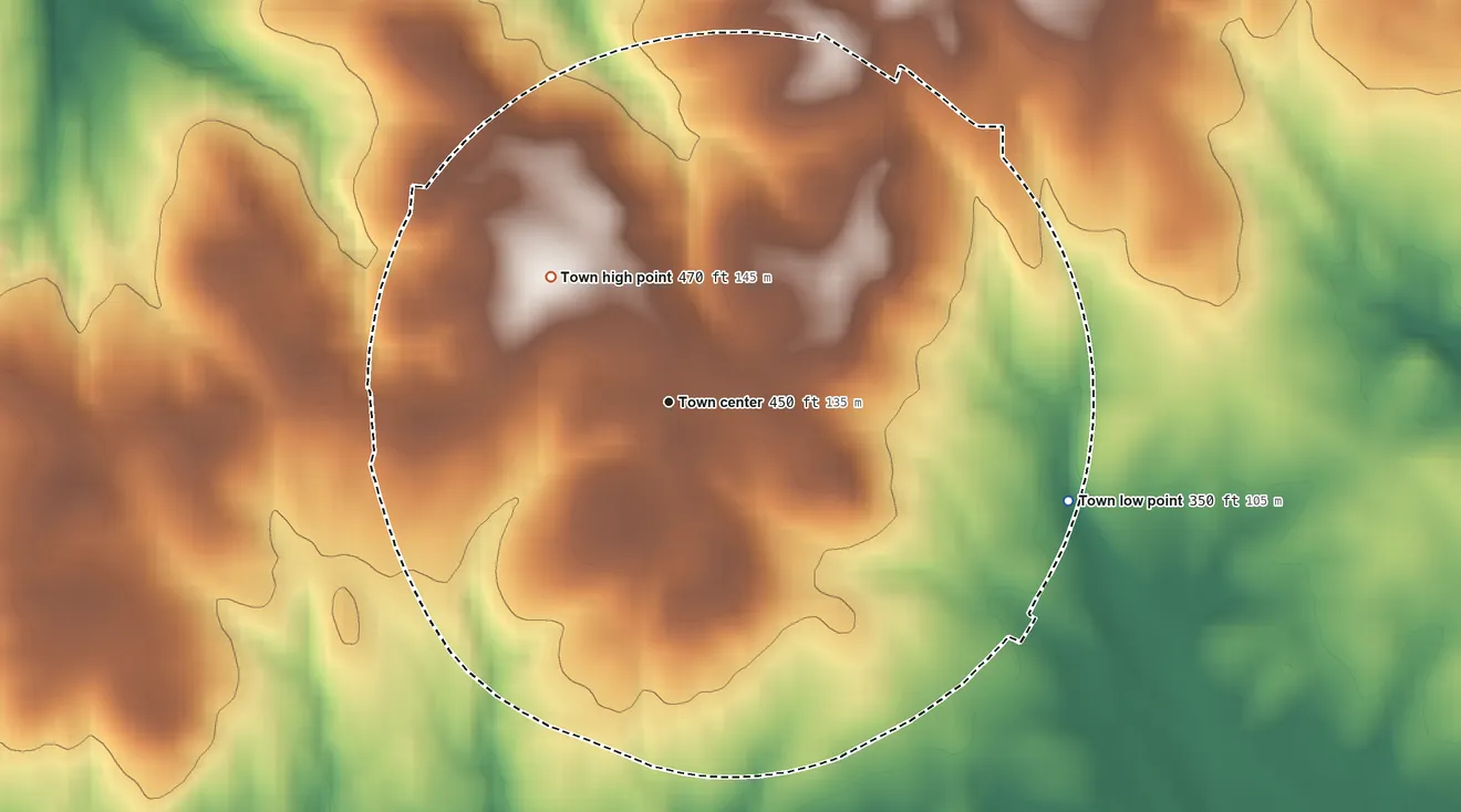 Topographic elevation map of Mount Croghan, South Carolina, shaded from 350 ft on the east side to 470 ft on the northwest side