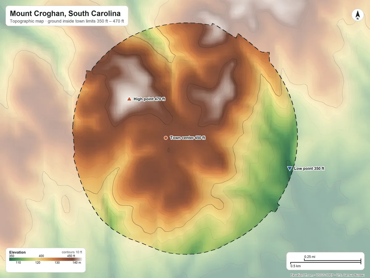 Topographic elevation map of Mount Croghan, South Carolina, shaded from 350 ft on the east side to 470 ft on the northwest side