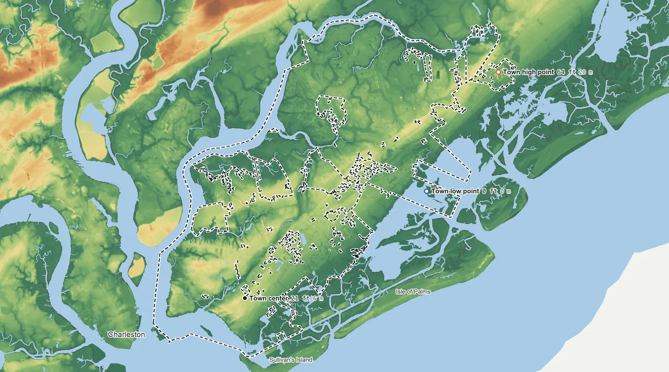 Topographic elevation map of Mount Pleasant, South Carolina, shaded from sea level level on Hamlin Sound to 64 ft on the northeast side