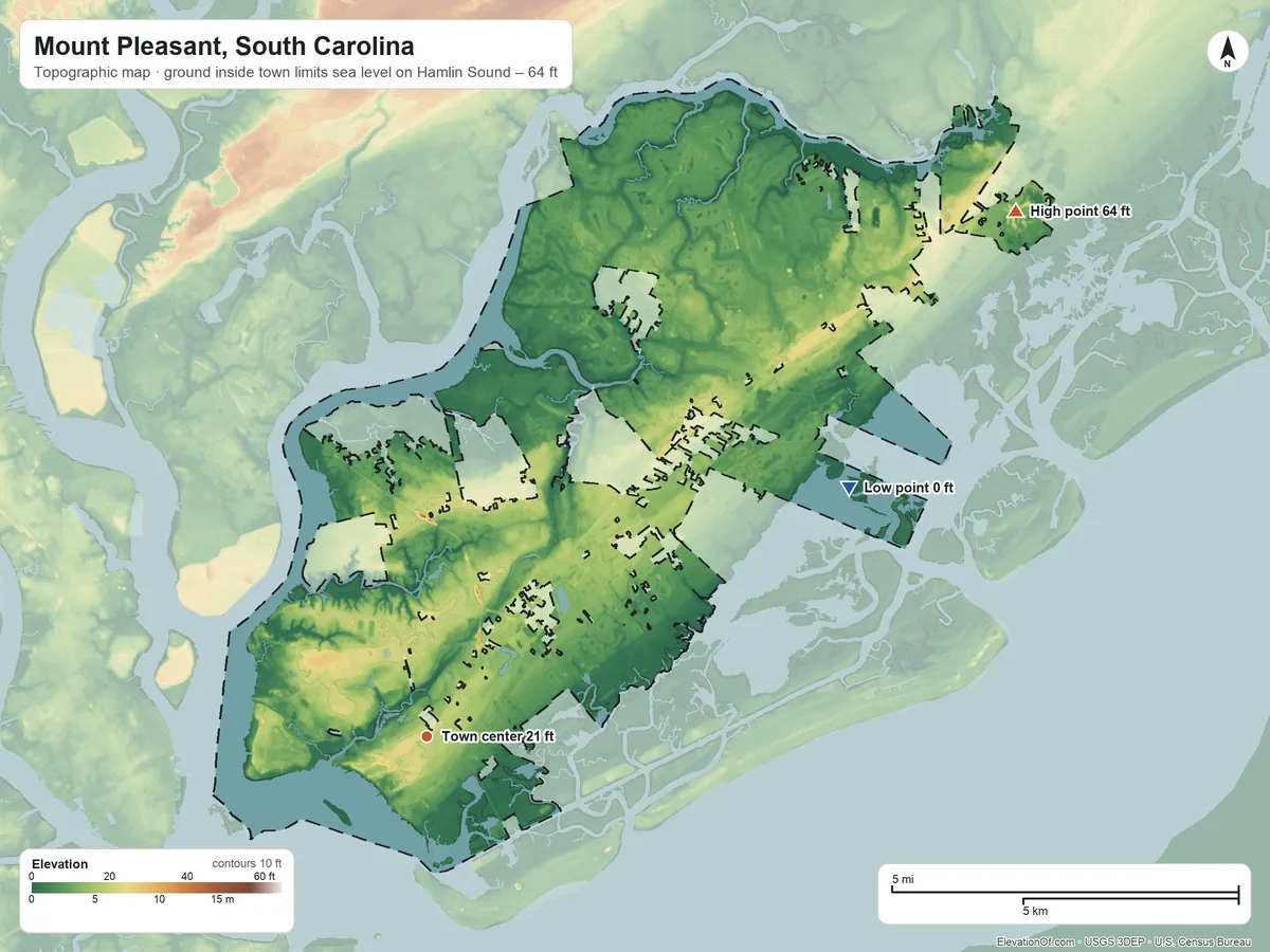 Topographic elevation map of Mount Pleasant, South Carolina, shaded from sea level level on Hamlin Sound to 64 ft on the northeast side
