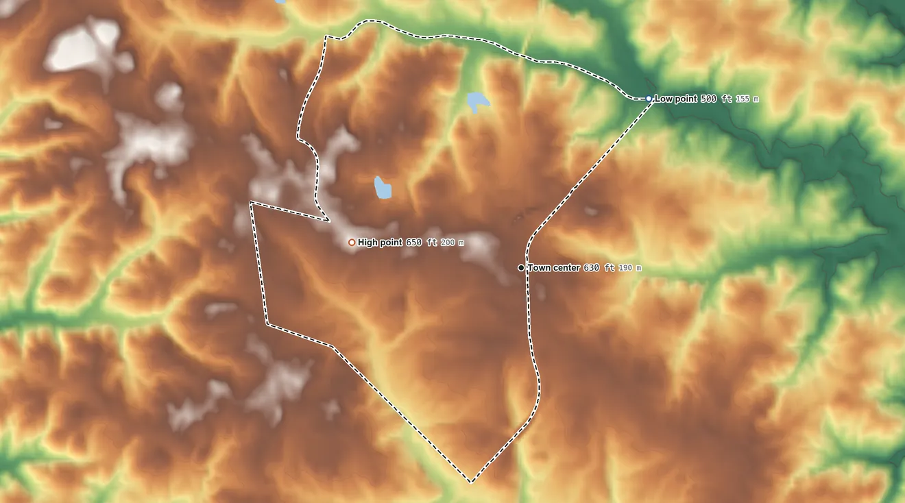 Topographic elevation map of Mountville, South Carolina, shaded from 500 ft on the northeast side to 650 ft on the west side
