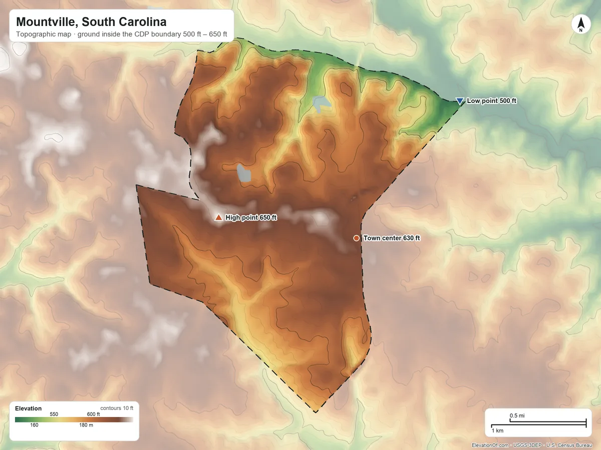 Topographic elevation map of Mountville, South Carolina, shaded from 500 ft on the northeast side to 650 ft on the west side