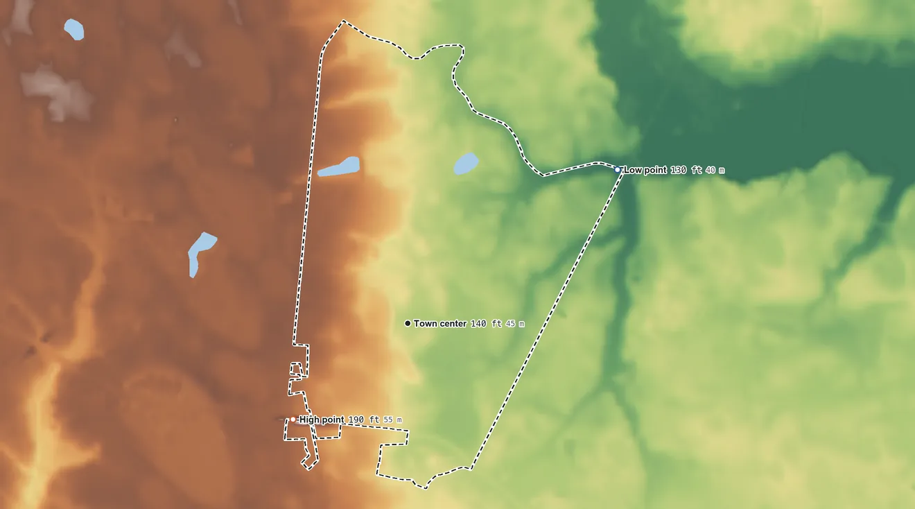Topographic elevation map of Mulberry, South Carolina, shaded from 130 ft on the northeast side to 190 ft on the southwest side