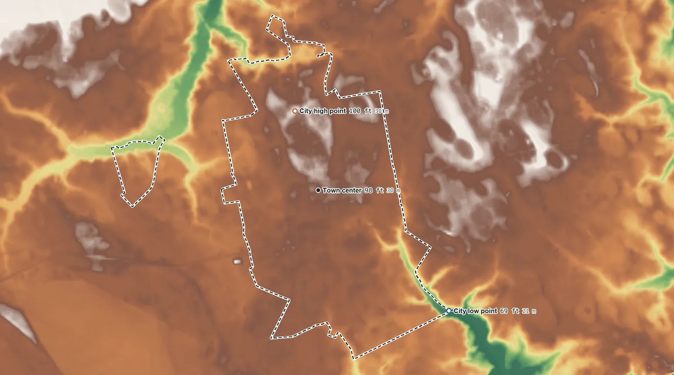 Topographic elevation map of Mullins, South Carolina, shaded from 69 ft on the southeast side to 100 ft on the north side