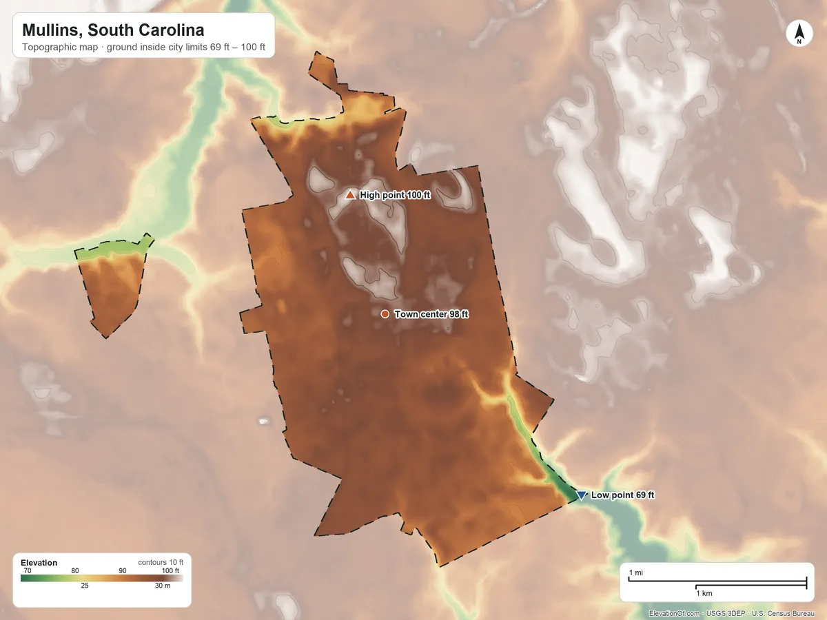 Topographic elevation map of Mullins, South Carolina, shaded from 69 ft on the southeast side to 100 ft on the north side