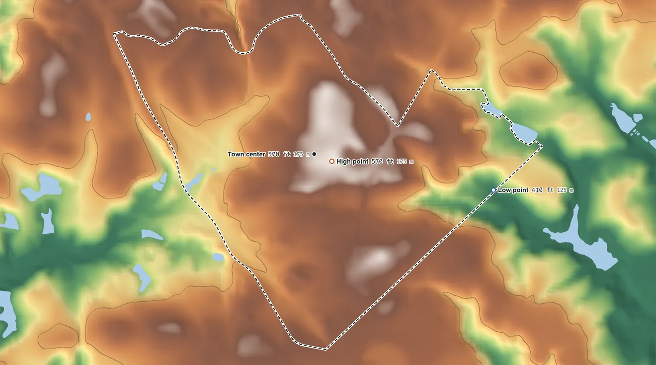Topographic elevation map of Murphys Estates, South Carolina, shaded from 410 ft on the east side to 570 ft near the middle