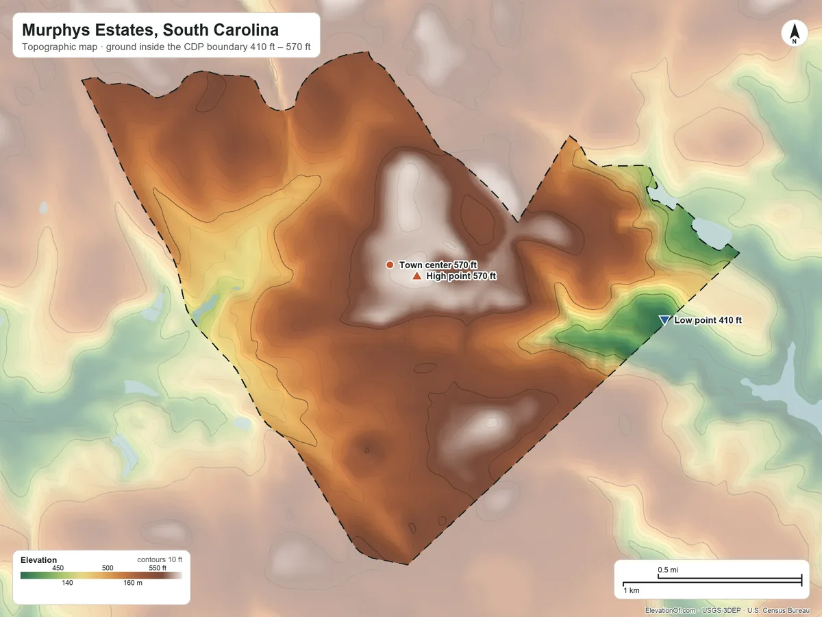 Topographic elevation map of Murphys Estates, South Carolina, shaded from 410 ft on the east side to 570 ft near the middle