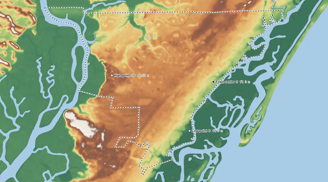 Topographic elevation map of Murrells Inlet, South Carolina, shaded from sea level level on the Atlantic Ocean to 36 ft on the west side