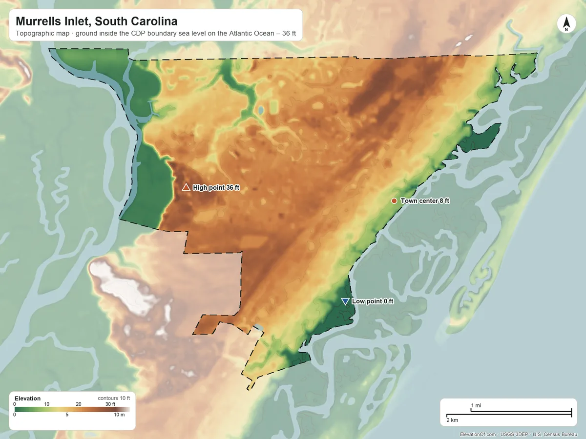 Topographic elevation map of Murrells Inlet, South Carolina, shaded from sea level level on the Atlantic Ocean to 36 ft on the west side