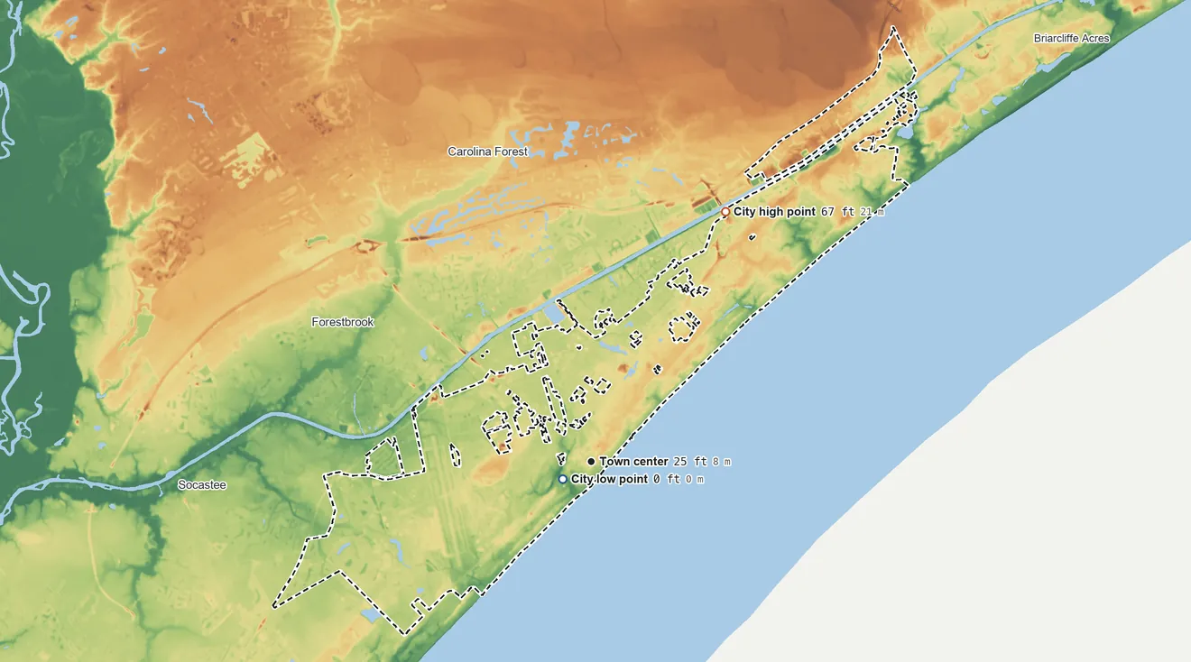 Topographic elevation map of Myrtle Beach, South Carolina, shaded from sea level level on the Atlantic Ocean to 67 ft on the northeast side