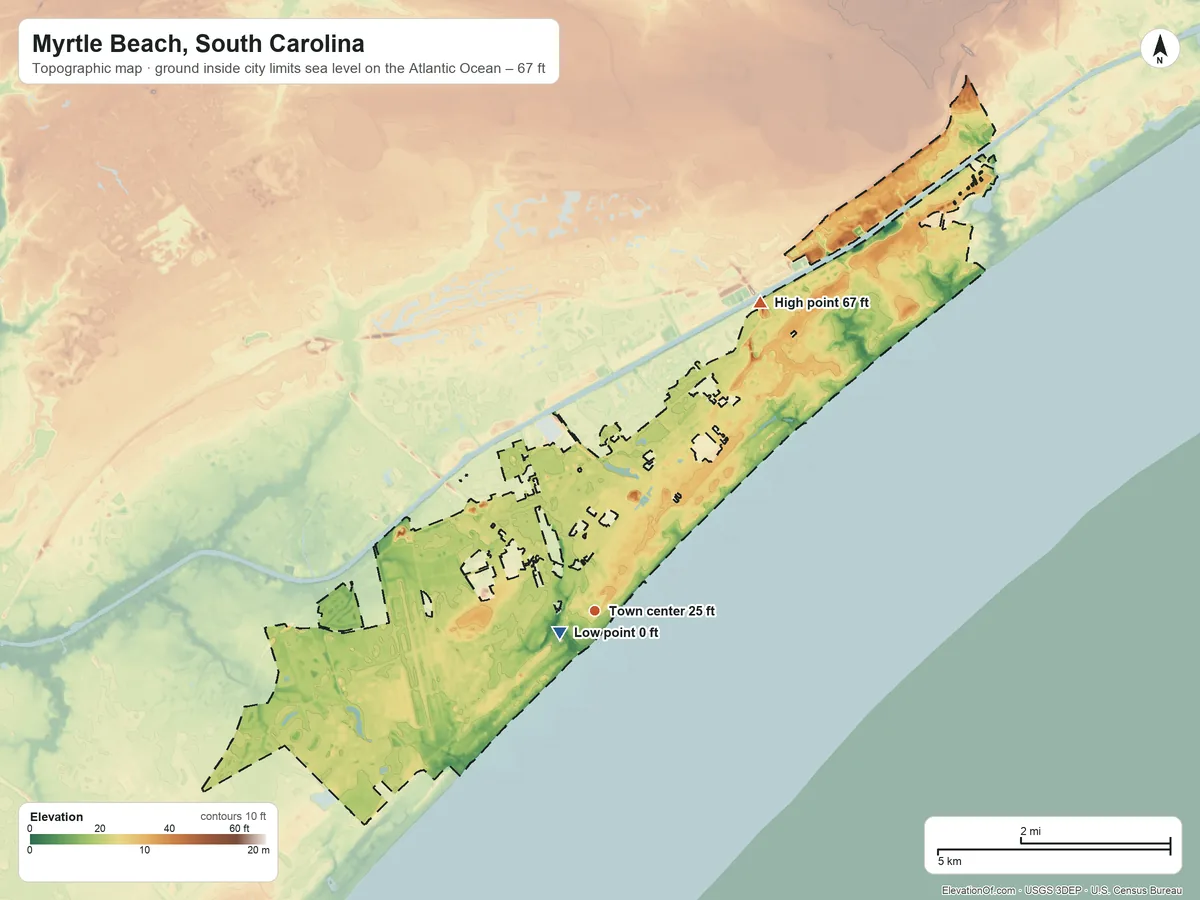 Topographic elevation map of Myrtle Beach, South Carolina, shaded from sea level level on the Atlantic Ocean to 67 ft on the northeast side