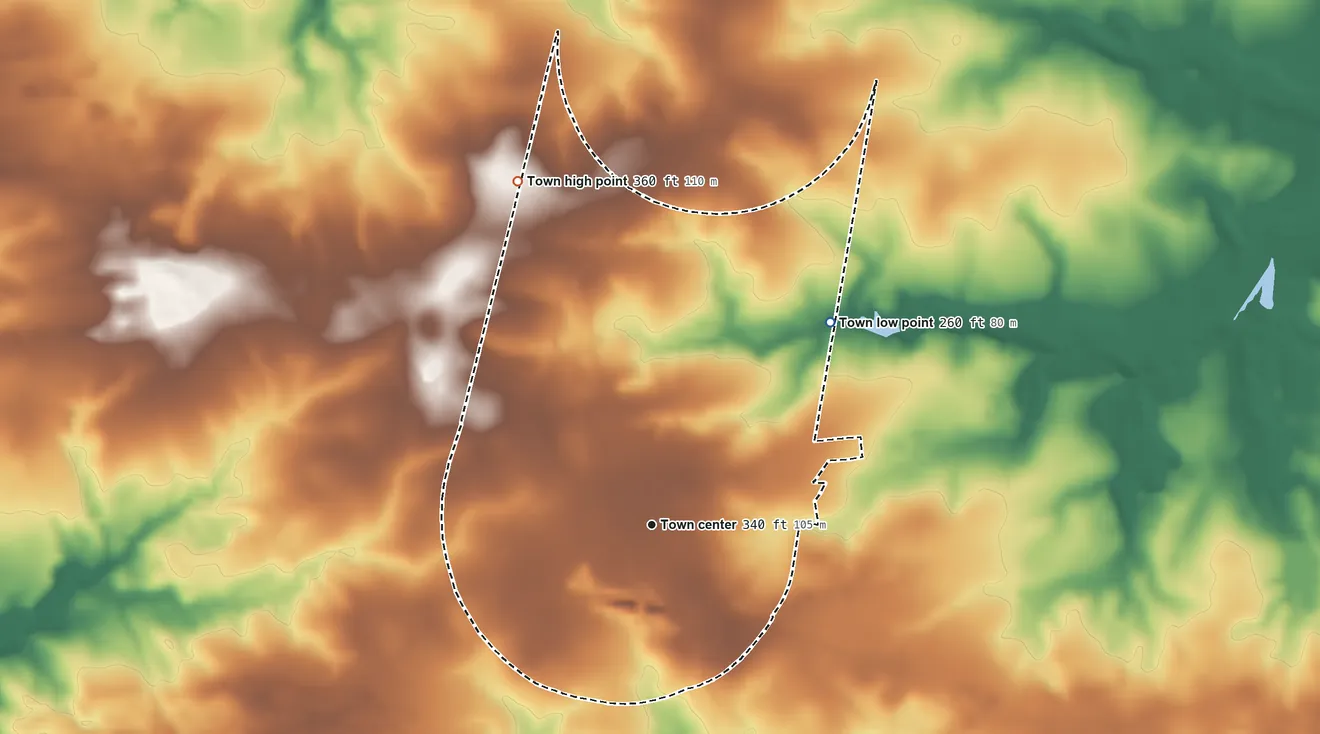 Topographic elevation map of Neeses, South Carolina, shaded from 260 ft on the northeast side to 360 ft on the north side