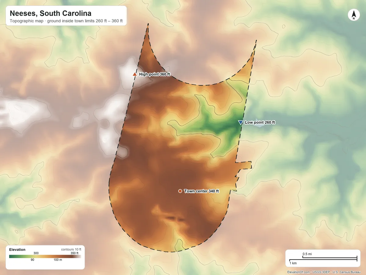 Topographic elevation map of Neeses, South Carolina, shaded from 260 ft on the northeast side to 360 ft on the north side