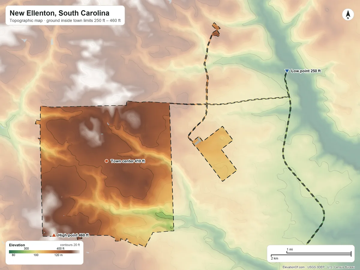 Topographic elevation map of New Ellenton, South Carolina, shaded from 250 ft on the northeast side to 460 ft on the southwest side
