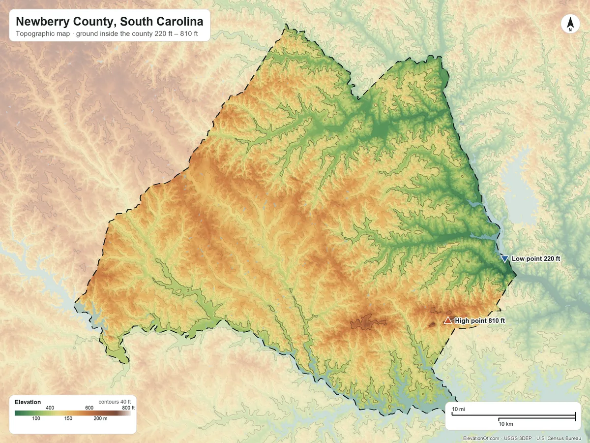 Topographic elevation map of Newberry County, South Carolina, shaded from 220 ft on the east side to 810 ft on Little Mountain