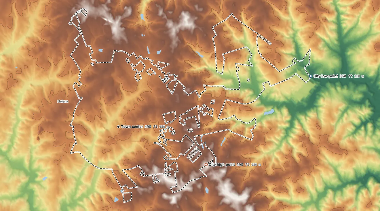Topographic elevation map of Newberry, South Carolina, shaded from 360 ft on the east side to 590 ft on the southeast side