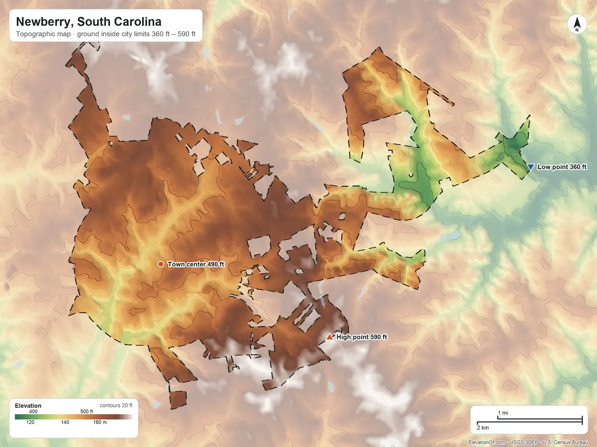 Topographic elevation map of Newberry, South Carolina, shaded from 360 ft on the east side to 590 ft on the southeast side