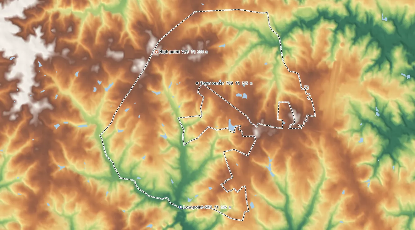 Topographic elevation map of Newport, South Carolina, shaded from 570 ft on the south side to 720 ft on the northwest side