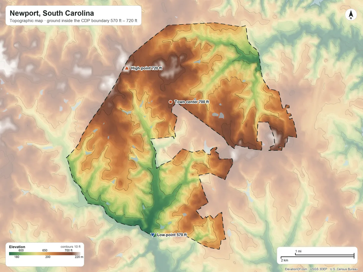 Topographic elevation map of Newport, South Carolina, shaded from 570 ft on the south side to 720 ft on the northwest side