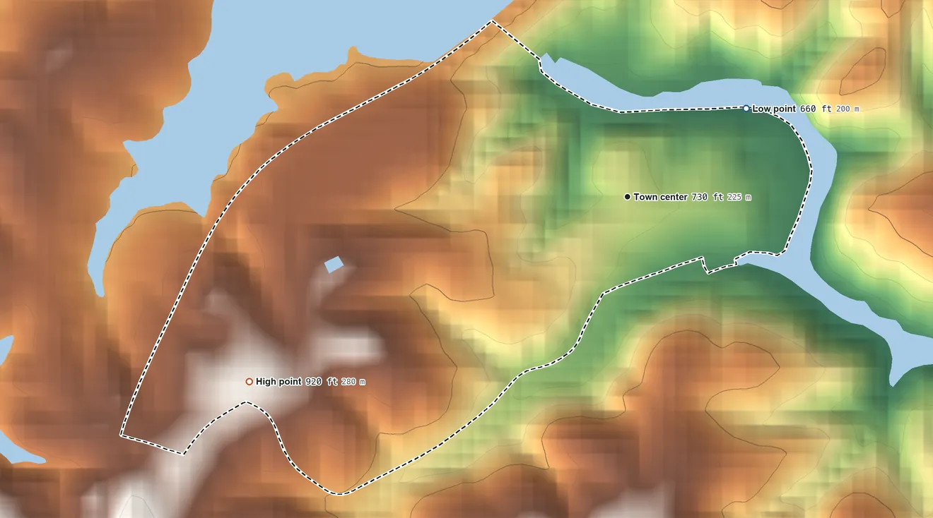 Topographic elevation map of Newry, South Carolina, shaded from 660 ft on the northeast side to 920 ft on the southwest side