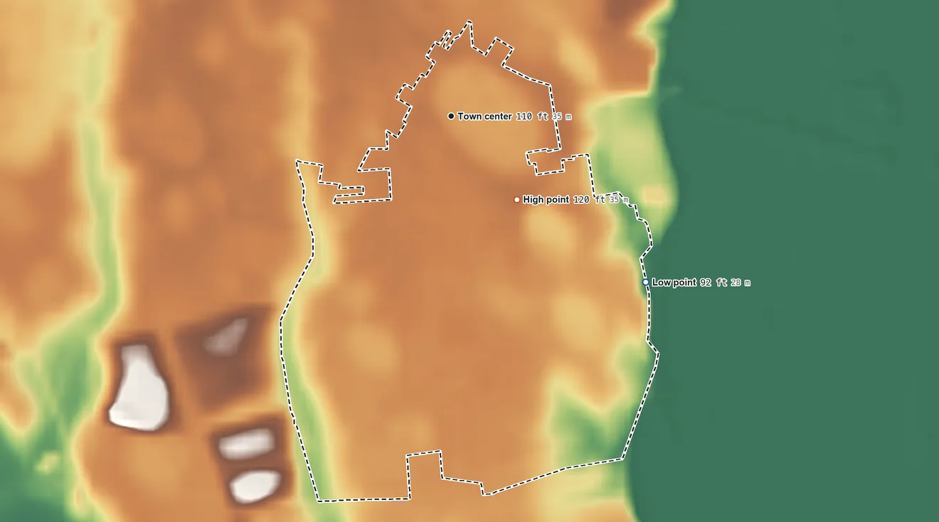 Topographic elevation map of Newtown, South Carolina, shaded from 92 ft on the southeast side to 120 ft on the southeast side