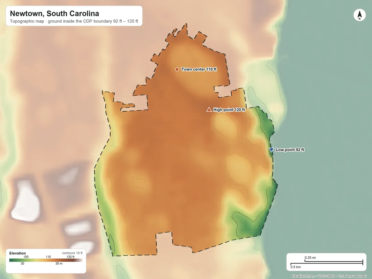 Topographic elevation map of Newtown, South Carolina, shaded from 92 ft on the southeast side to 120 ft on the southeast side